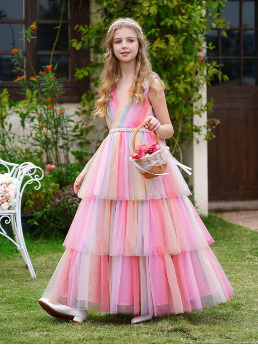 Girls Multi-Color Layered Tulle Flower Girl Dress